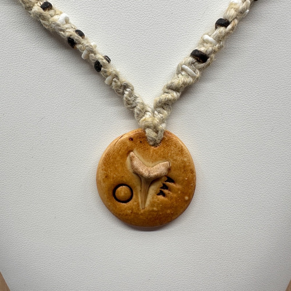 Shark Tooth Motif Pendant Hemp Cord Necklace Boho Surfer Beach Coastal Vintage